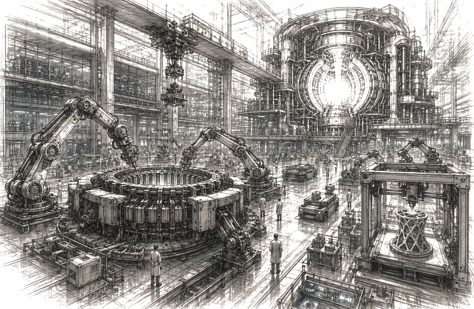 Concept drawing of a future industrial facility combining advanced manufacturing, robotics, additive manufacturing and fusion energy.